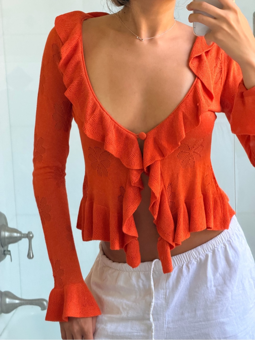 Ruffled Knit Long-Sleeve Top - Orange